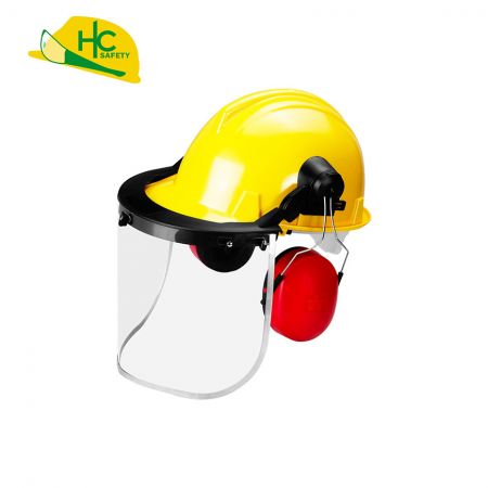 Safety helmet with aluminum rim, face shield and earmuffs set - A safety helmet with flip-up aluminum rim face shield and earmuffs